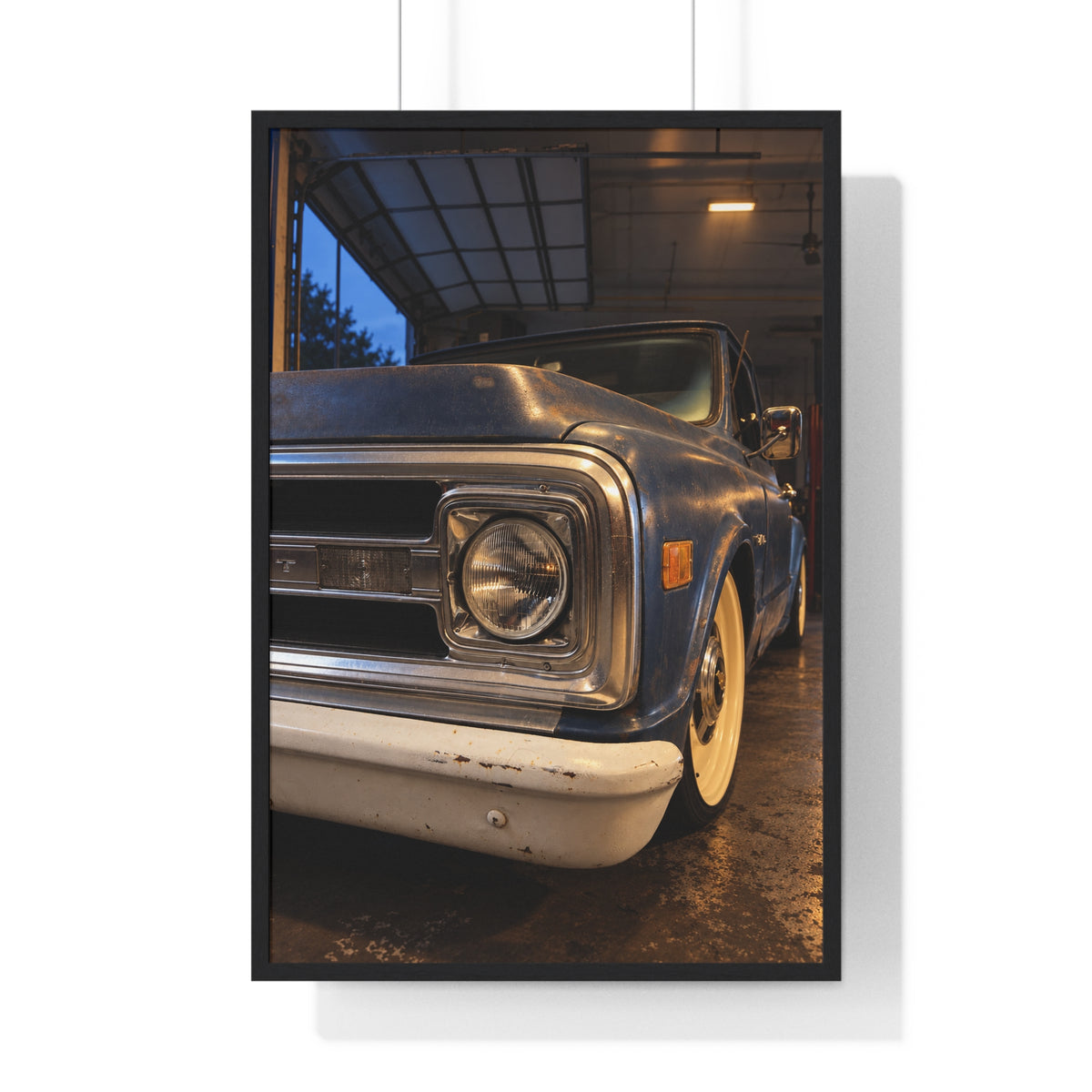 Rare Lab Vintage Blue Truck framed poster: close-up of a classic truck's headlight, bumper and whitewall tire