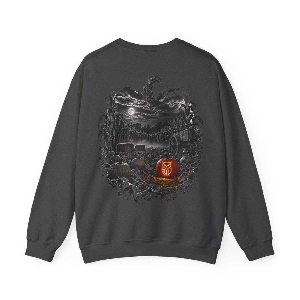 Rare Lab Owl Lantern crewneck sweatshirt: glowing Rare Lab owl jack-o'-lantern on the front, moonlit pumpkin patch scene on the back