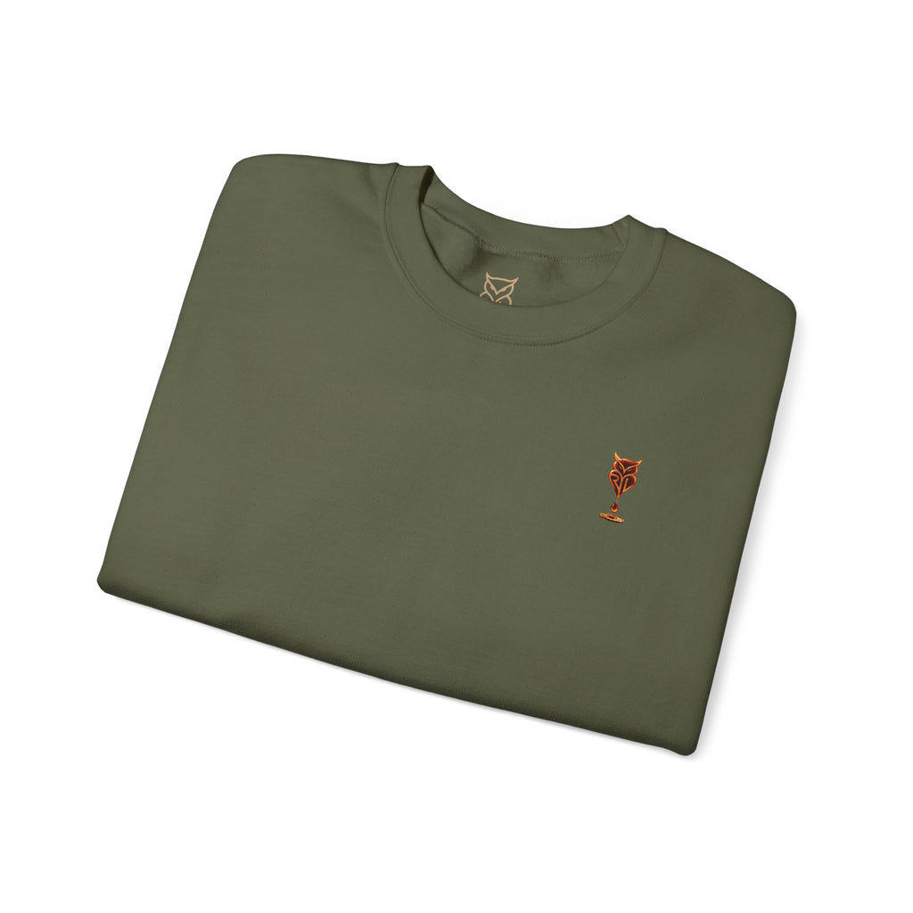 Rare Lab Drip Owl crewneck: Rare Lab owl in glossy amber with an espresso drop, on the left chest