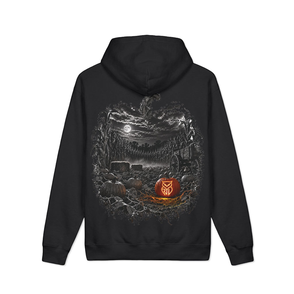 Rare Lab Pumpkin Patch heavyweight hoodie: large moonlit Rare Lab owl on the front, pumpkin patch scene with an owl jack-o'-lantern on the back