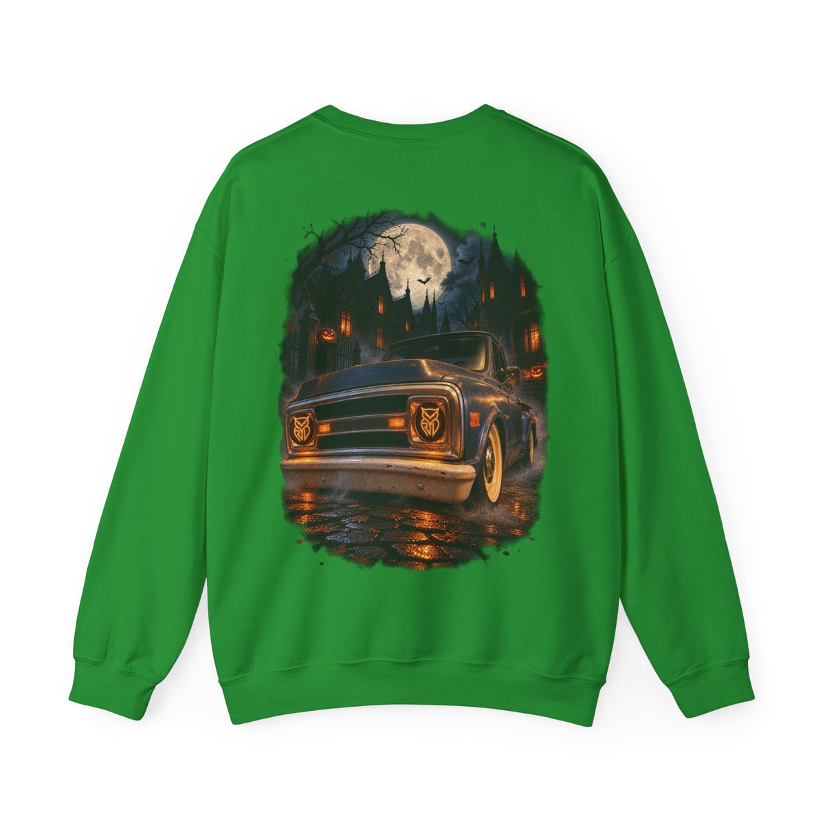 Rare Lab Midnight Owl crewneck in Gold: large night-sky owl on the front, C10 truck under a full moon on the back