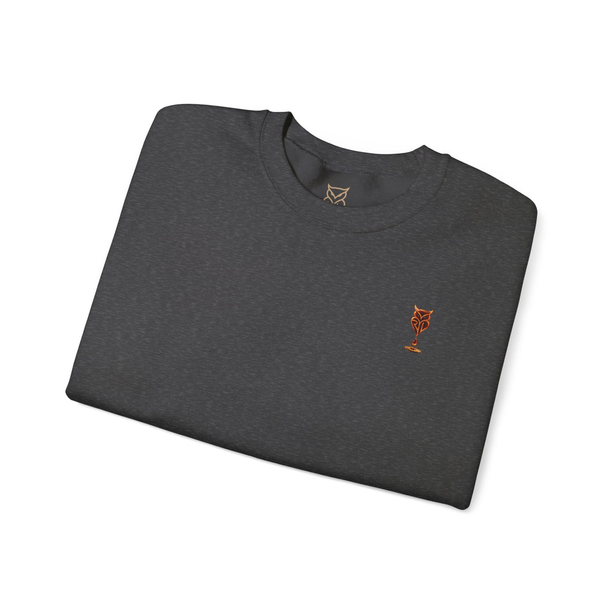 Rare Lab Drip Owl crewneck: Rare Lab owl in glossy amber with an espresso drop, on the left chest