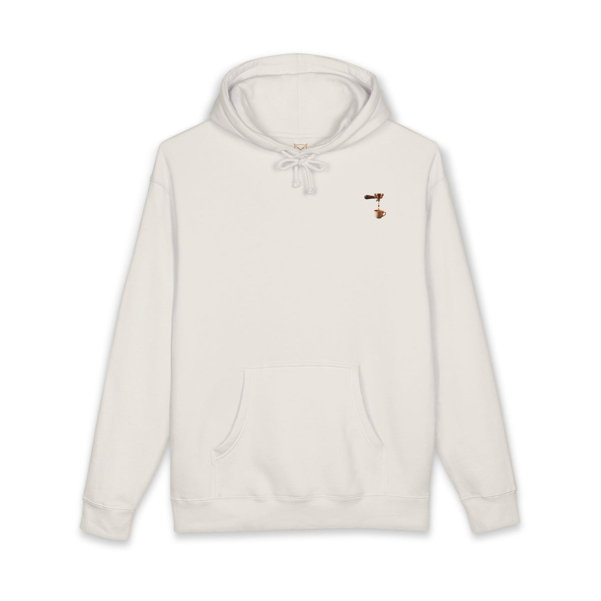 Rare Lab Espresso Drip heavyweight hoodie: espresso drip with one drop shaped like the Rare Lab owl