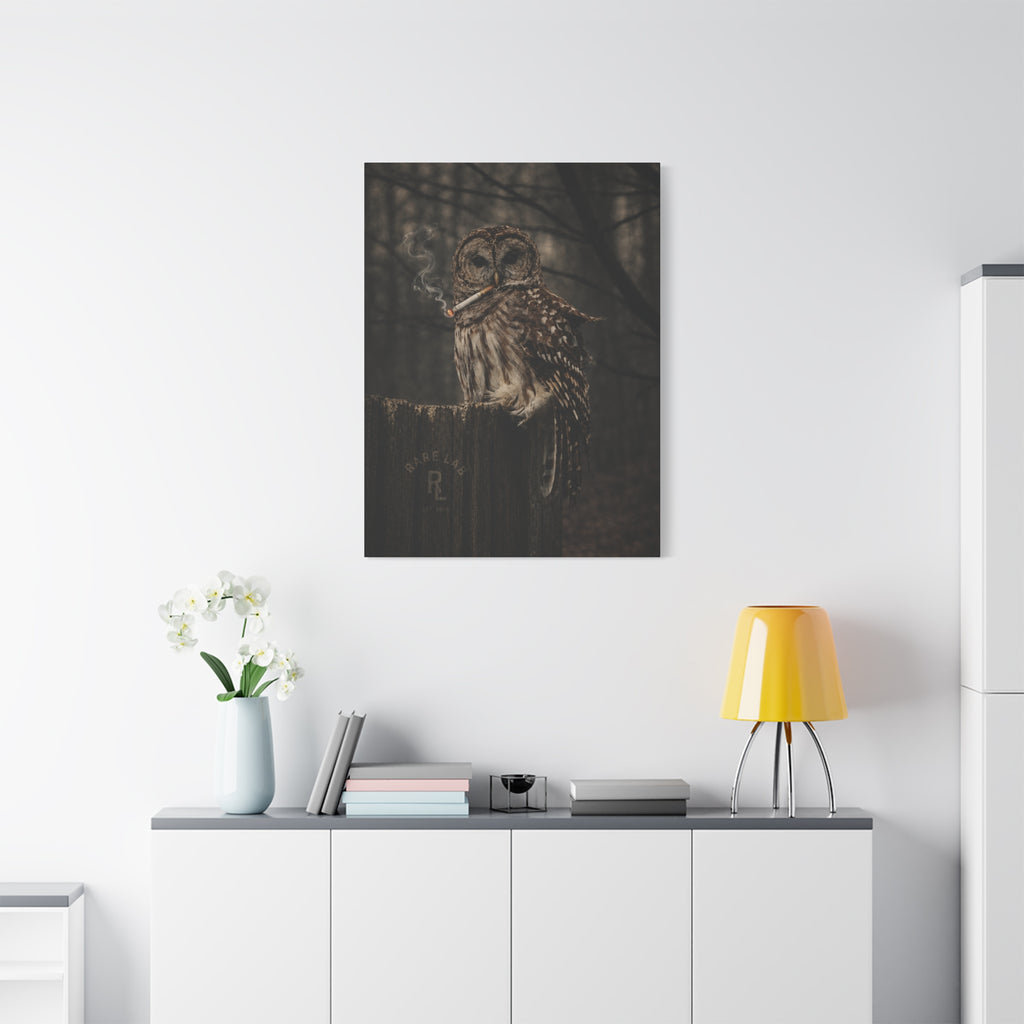 Rare Lab Smoke & Stillness matte canvas: a barred owl on a weathered post with a thin trail of smoke against the dark