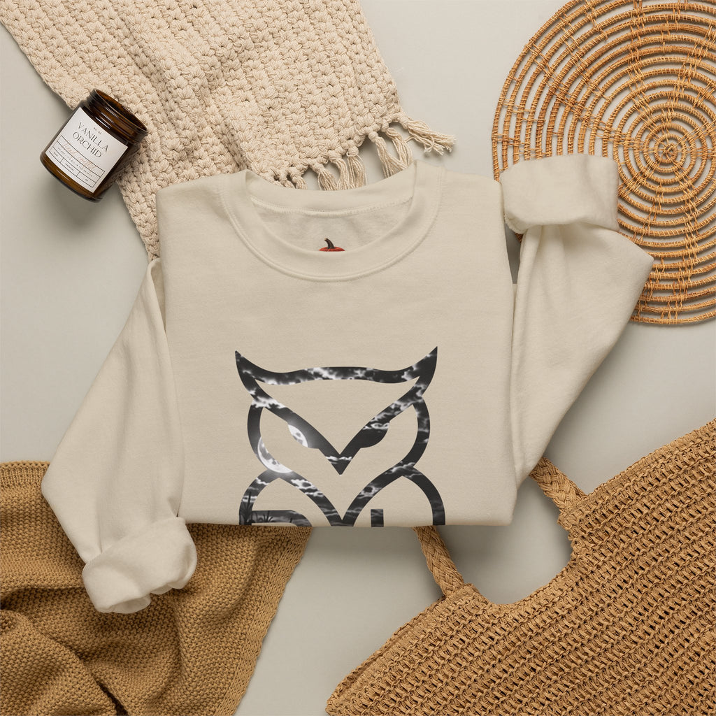 Rare Lab Owl Lantern crewneck sweatshirt: glowing Rare Lab owl jack-o'-lantern on the front, moonlit pumpkin patch scene on the back