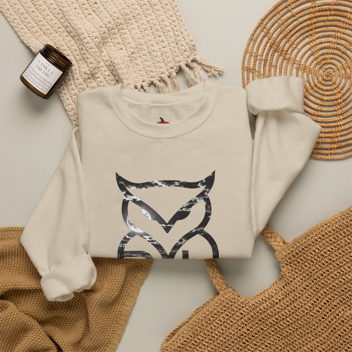 Rare Lab Owl Lantern crewneck sweatshirt: glowing Rare Lab owl jack-o'-lantern on the front, moonlit pumpkin patch scene on the back