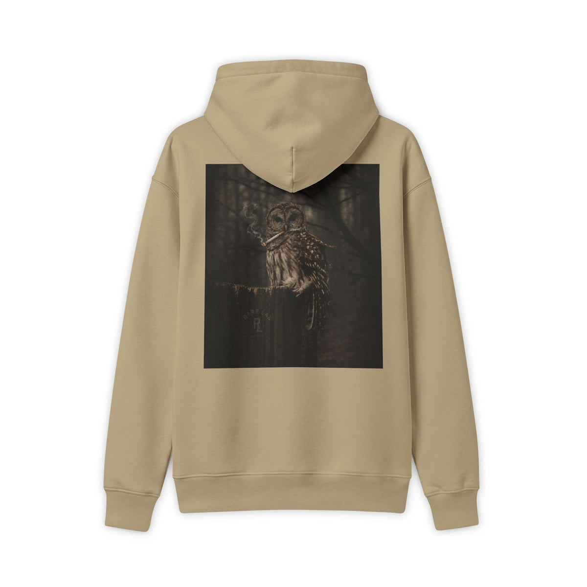 Rare Lab Owl Forest hoodie: shadowy perched owl printed on the back