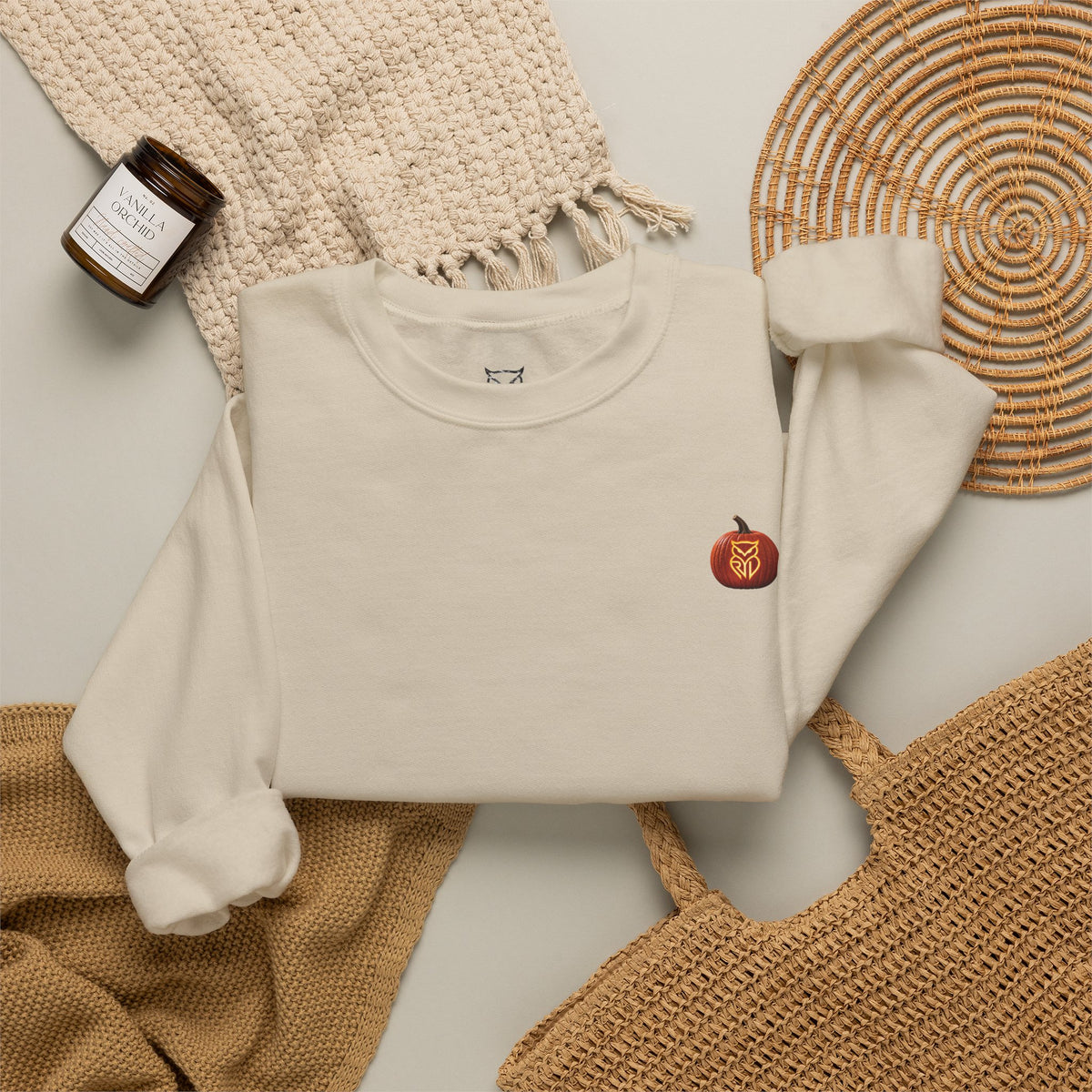 Rare Lab After Dark crewneck sweatshirt: small glowing Rare Lab owl jack-o'-lantern on the chest, C10 truck with owl jack-o'-lantern headlights on the back