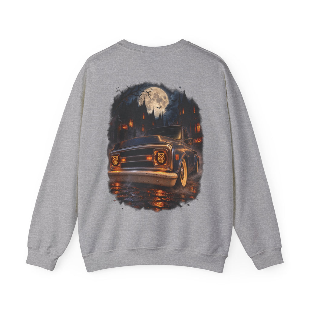 Rare Lab After Dark Midnight crewneck in Dark Heather: small night-sky owl on the chest, C10 truck under a full moon on the back