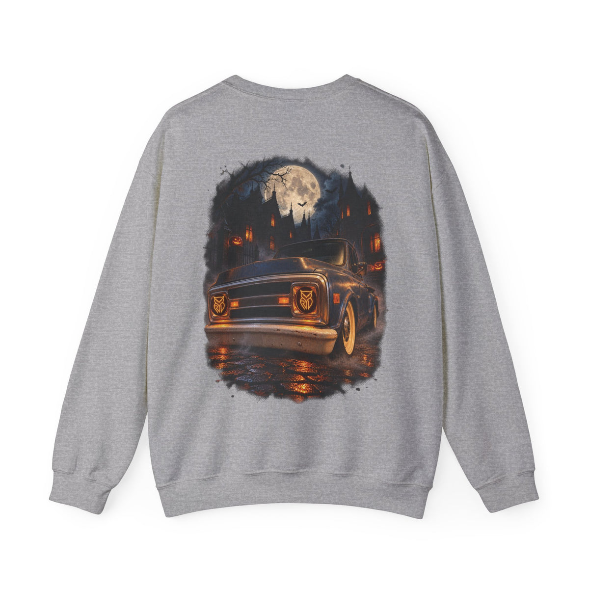 Rare Lab After Dark Midnight crewneck in Dark Heather: small night-sky owl on the chest, C10 truck under a full moon on the back