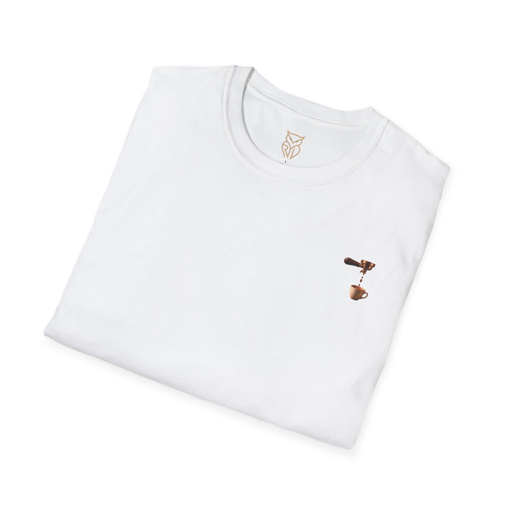 Rare Lab Espresso Drip tee: small Rare Lab Drip espresso design on the chest