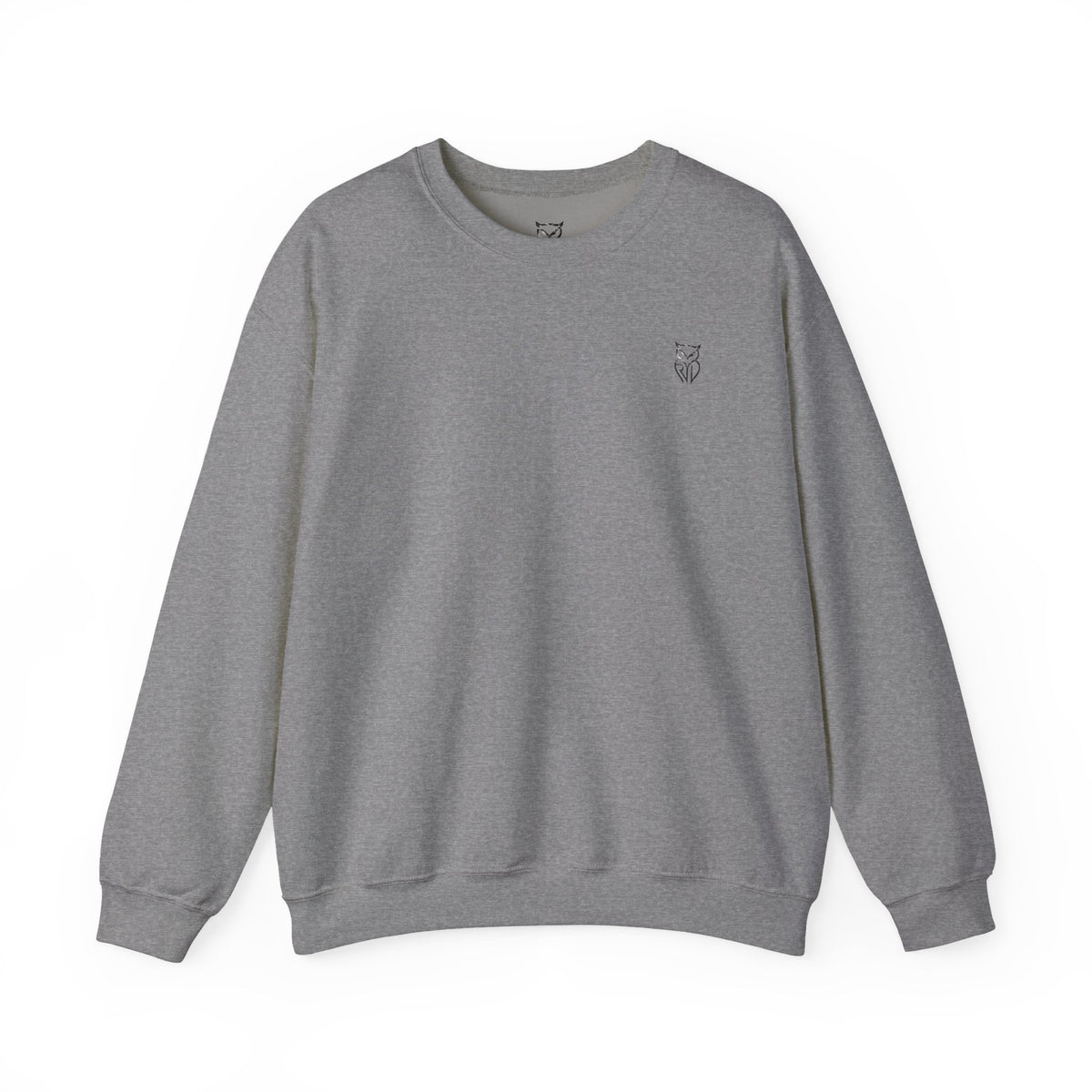 Rare Lab After Dark Midnight crewneck in Graphite Heather: small night-sky owl on the chest, C10 truck under a full moon on the back