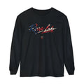 Rare Lab Brush Stroke American Flag long sleeve tee: brush stroke flag script across the chest