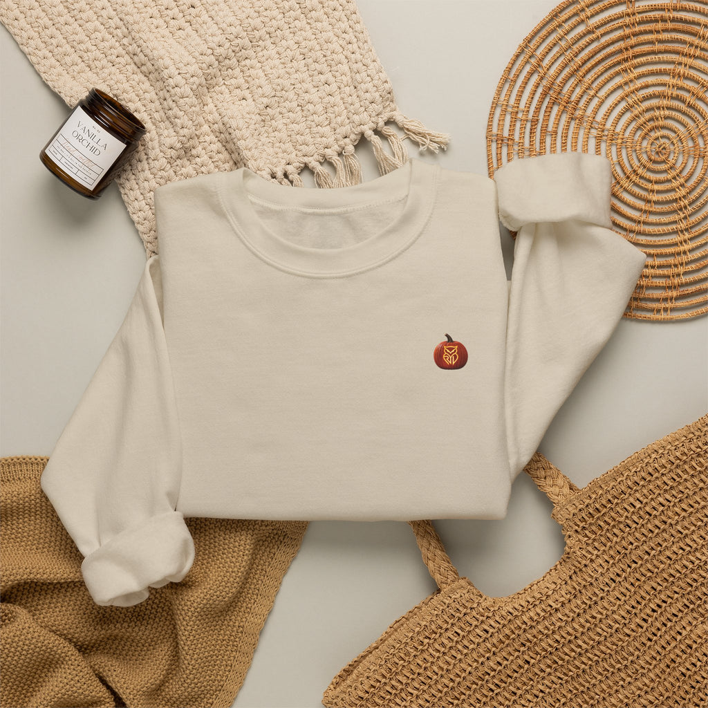Rare Lab Owl Lantern embroidered crewneck sweatshirt with a small embroidered Rare Lab owl jack-o'-lantern on the chest