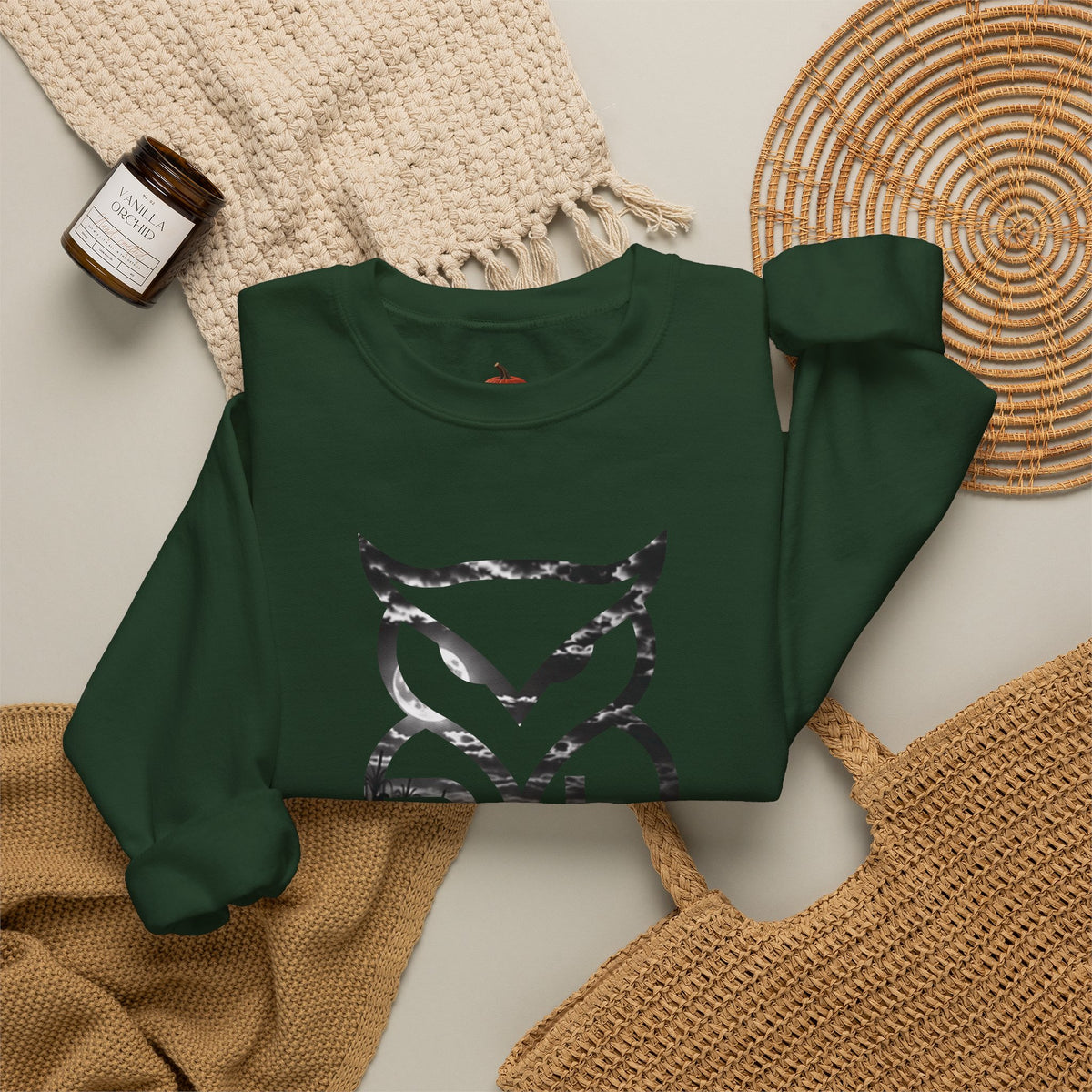 Rare Lab Owl Lantern crewneck sweatshirt: glowing Rare Lab owl jack-o'-lantern on the front, moonlit pumpkin patch scene on the back