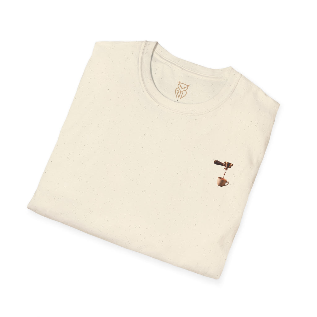 Rare Lab Espresso Drip tee: small Rare Lab Drip espresso design on the chest