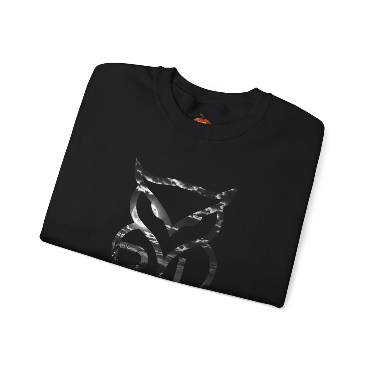 Rare Lab Owl Lantern crewneck sweatshirt: glowing Rare Lab owl jack-o'-lantern on the front, moonlit pumpkin patch scene on the back