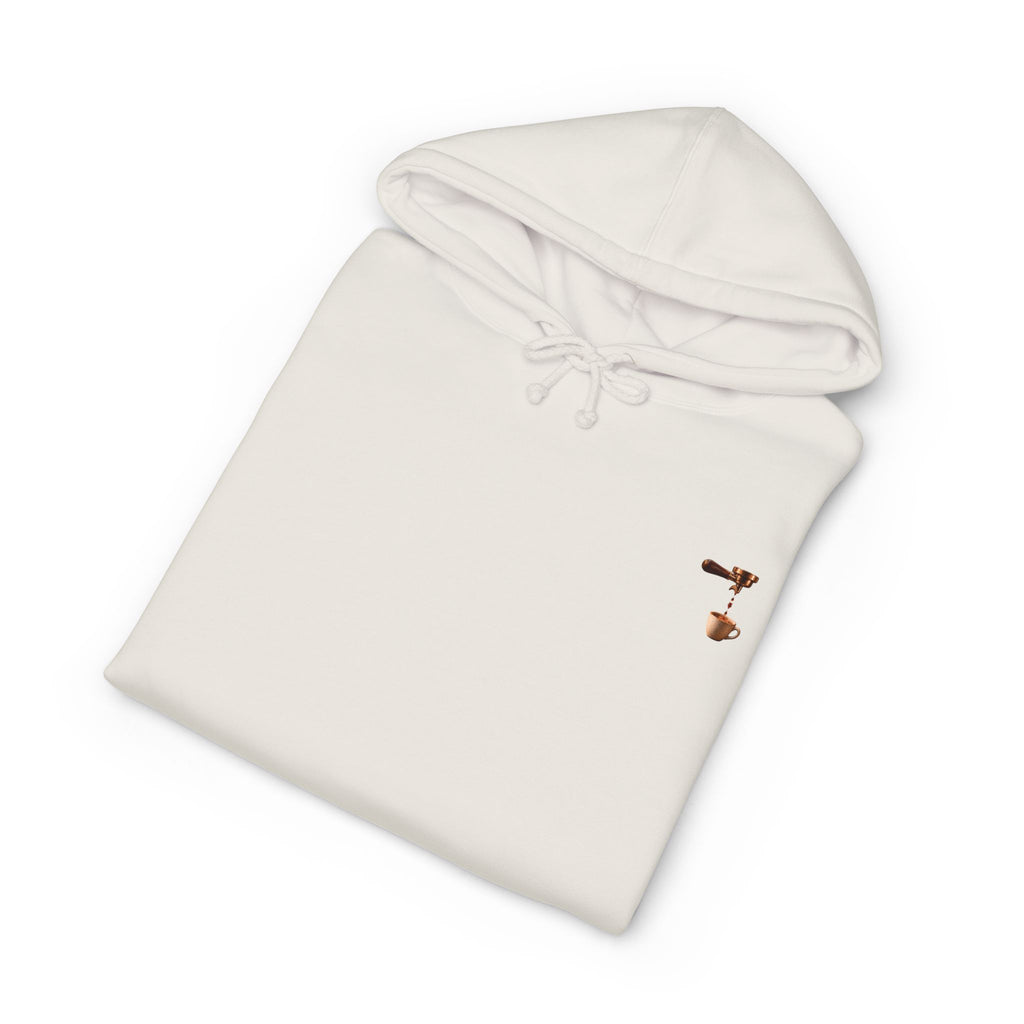 Rare Lab Espresso Drip heavyweight hoodie: espresso drip with one drop shaped like the Rare Lab owl