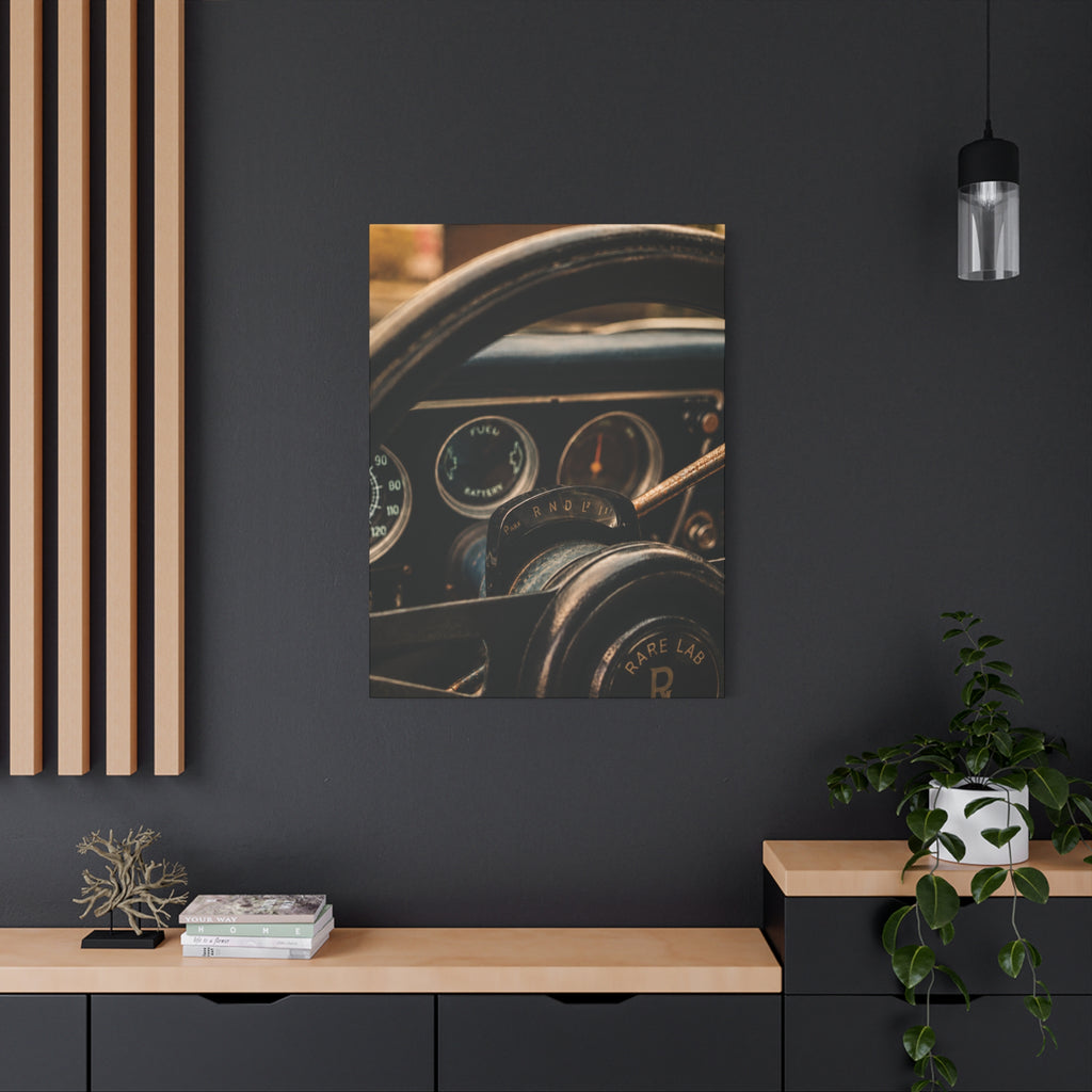 Rare Lab GT Column Shift canvas: close-up of a vintage steering column and wheel in cool blue tones