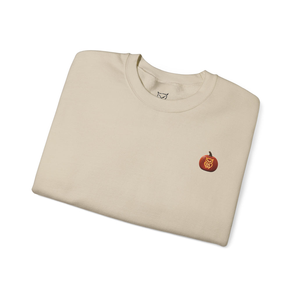 Rare Lab After Dark crewneck sweatshirt: small glowing Rare Lab owl jack-o'-lantern on the chest, C10 truck with owl jack-o'-lantern headlights on the back