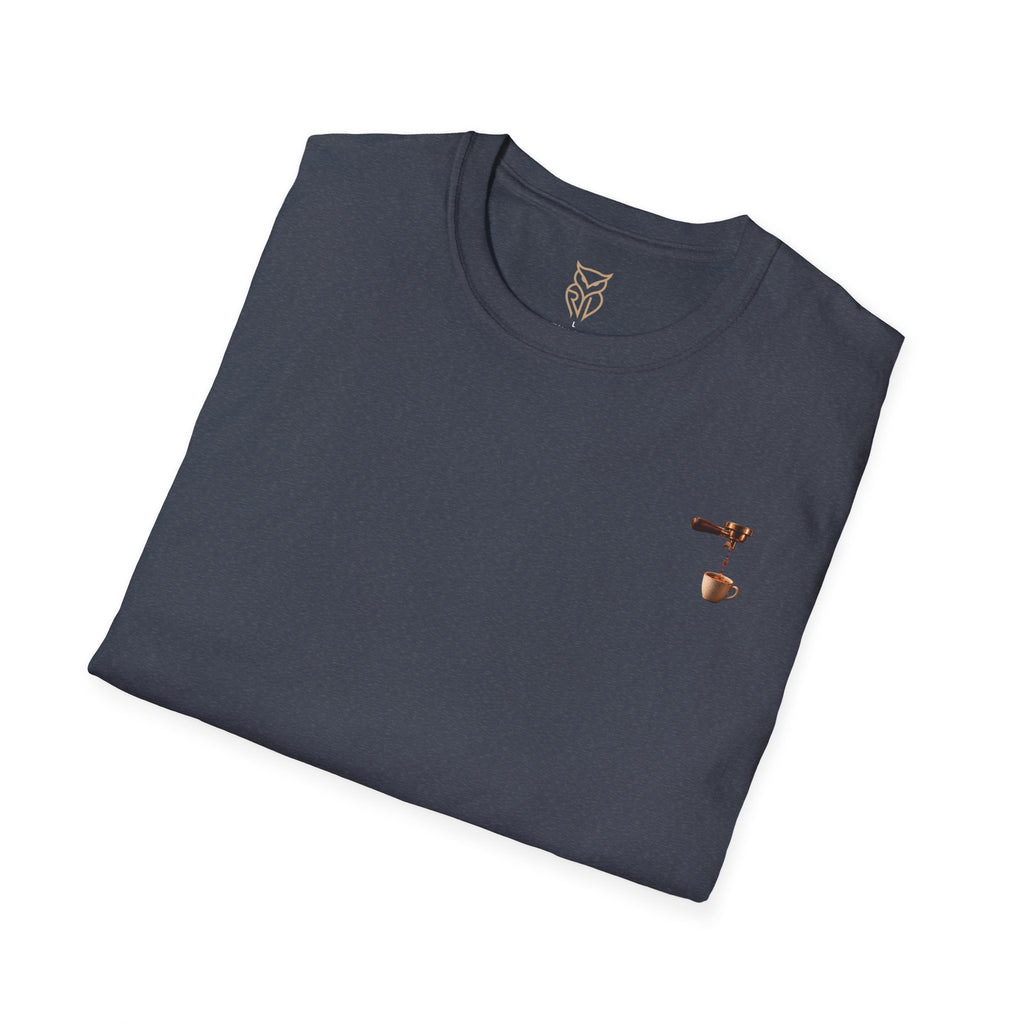Rare Lab Espresso Drip tee: small Rare Lab Drip espresso design on the chest