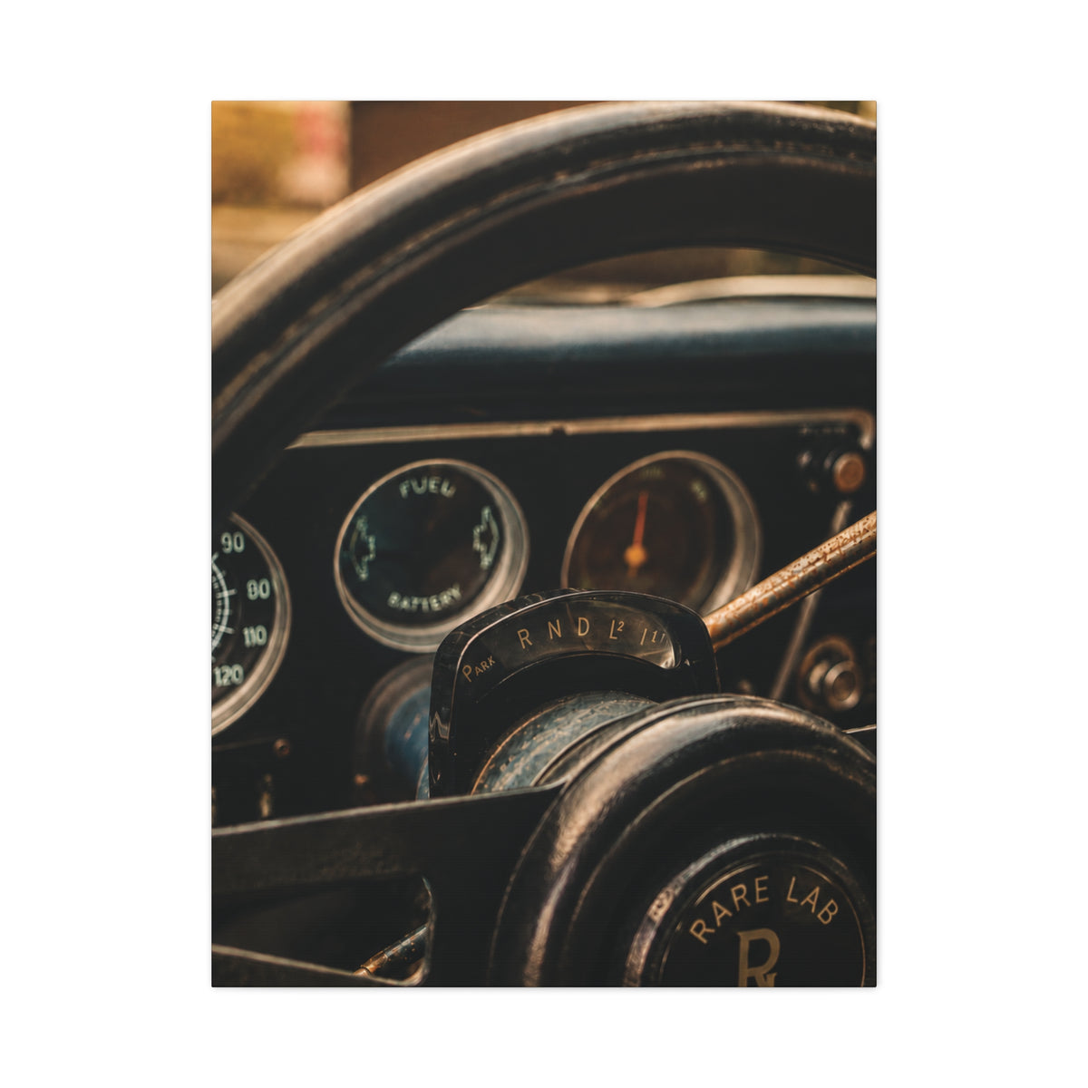 Rare Lab GT Column Shift canvas: close-up of a vintage steering column and wheel in cool blue tones