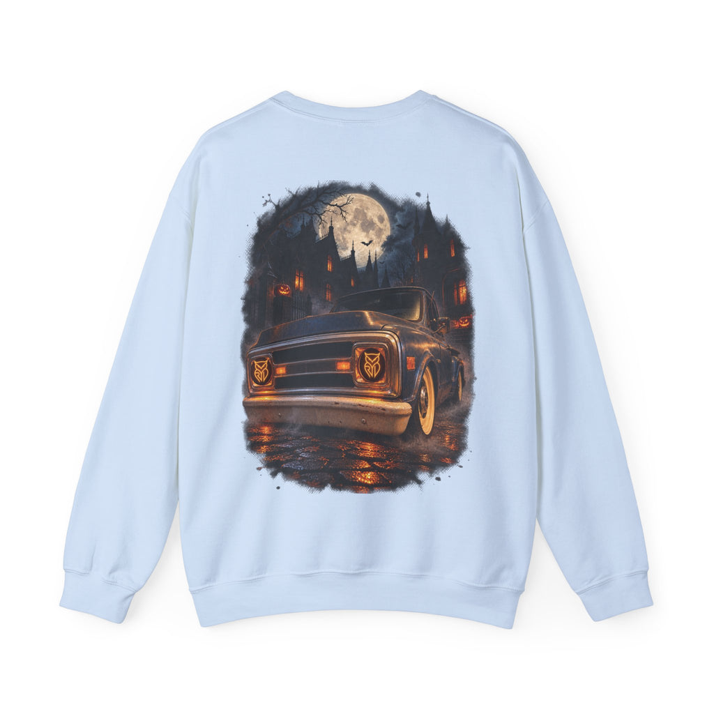 Rare Lab After Dark crewneck sweatshirt: small glowing Rare Lab owl jack-o'-lantern on the chest, C10 truck with owl jack-o'-lantern headlights on the back