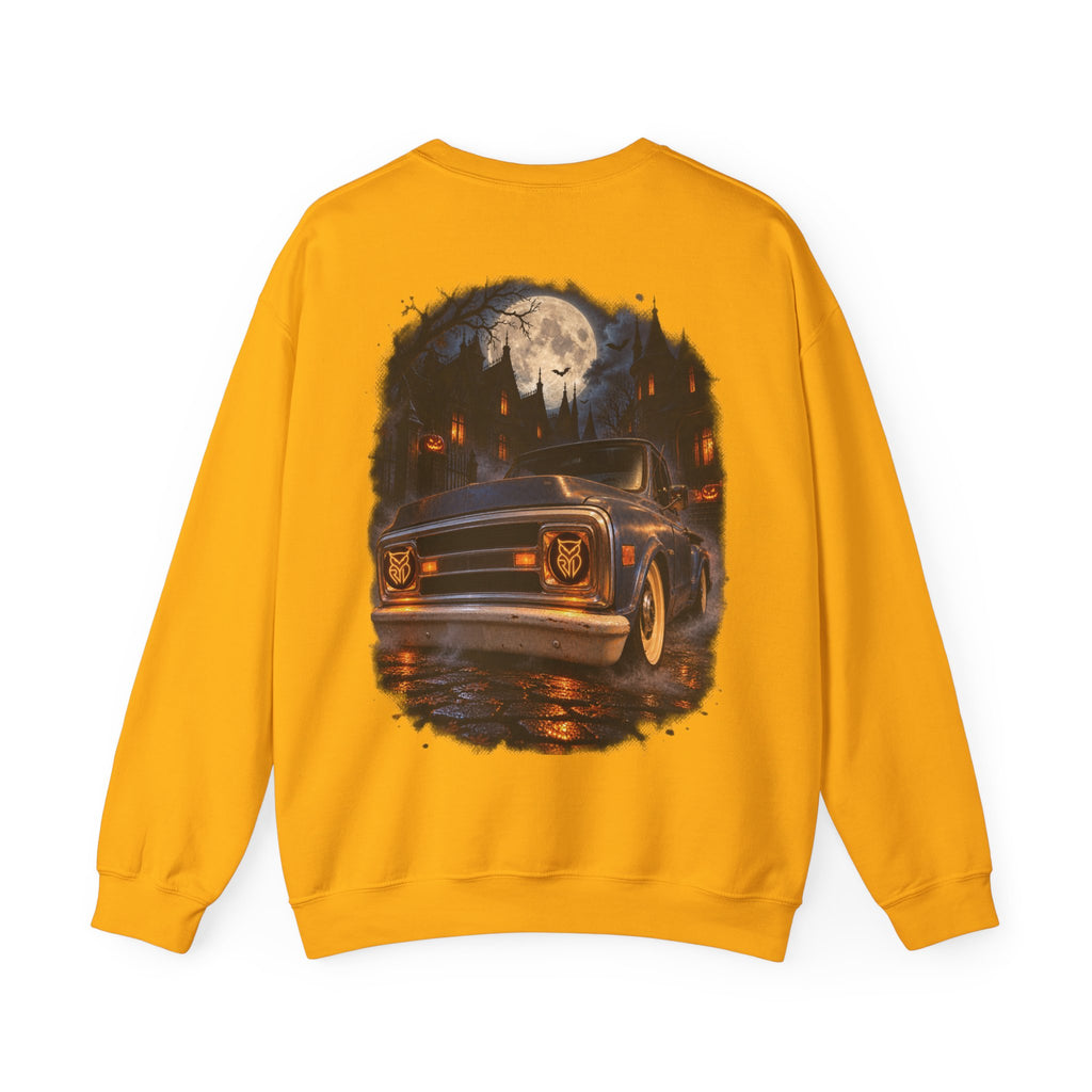Rare Lab Midnight Owl crewneck in Red: large night-sky owl on the front, C10 truck under a full moon on the back