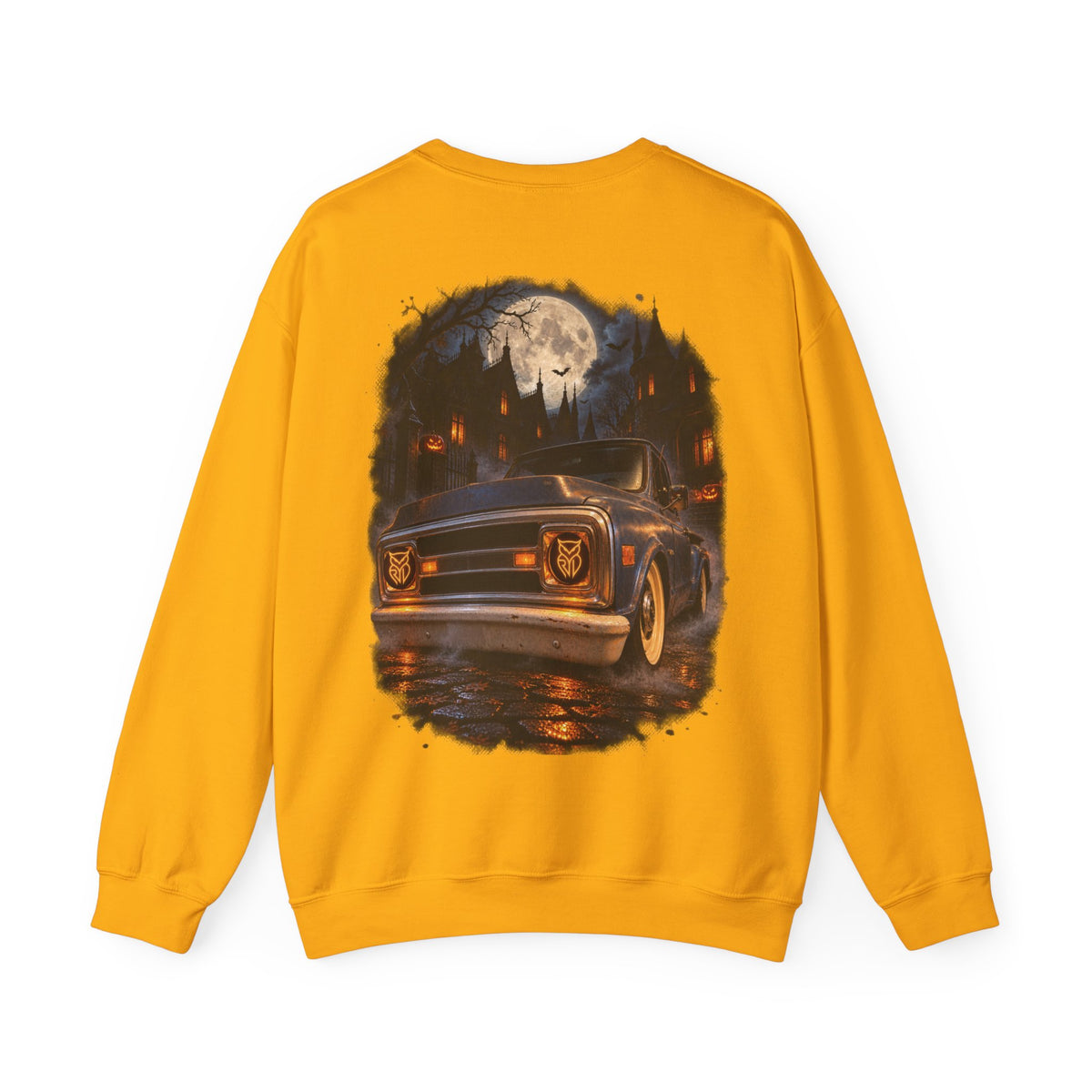 Rare Lab Midnight Owl crewneck in Red: large night-sky owl on the front, C10 truck under a full moon on the back