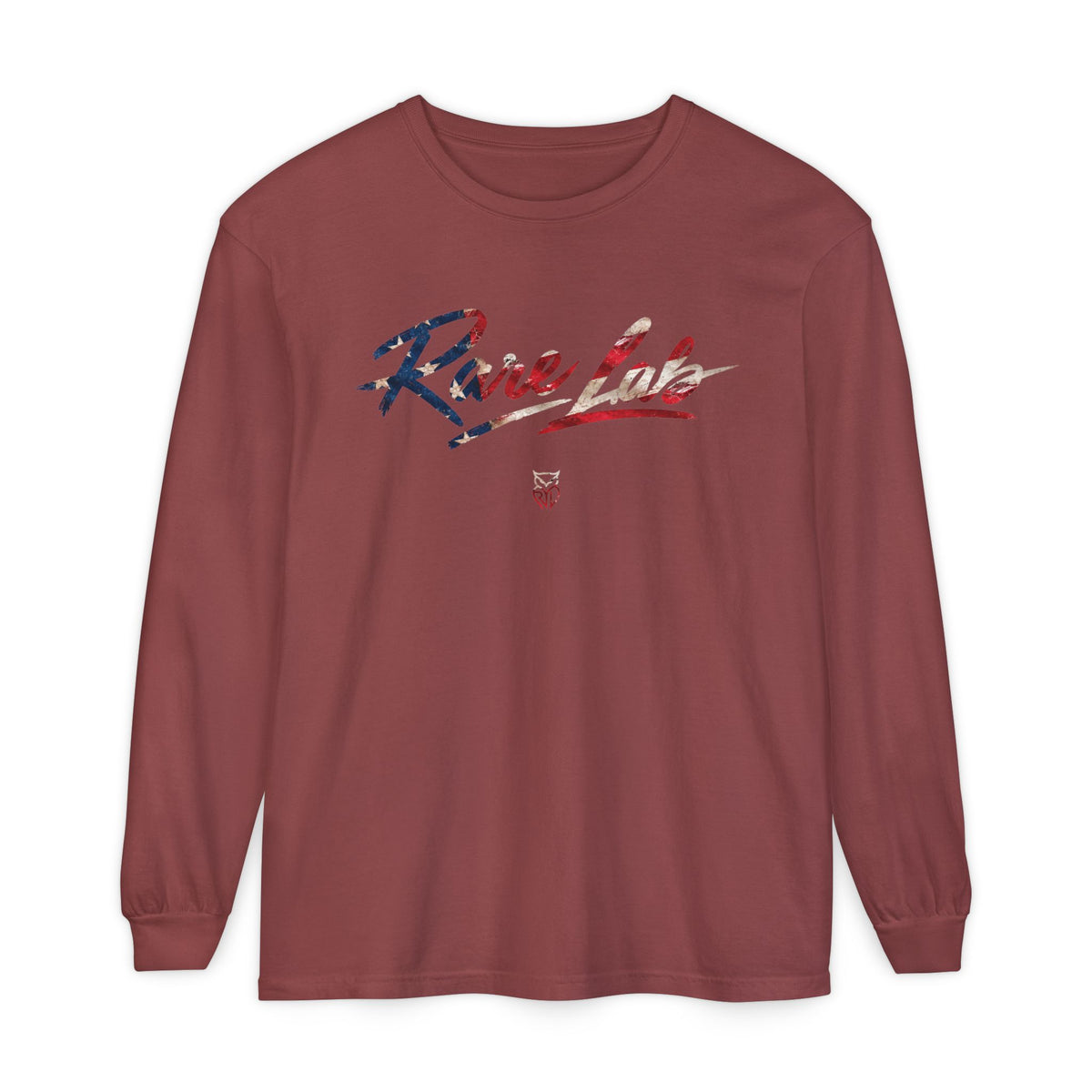 Rare Lab Brush Stroke American Flag long sleeve tee: brush stroke flag script across the chest
