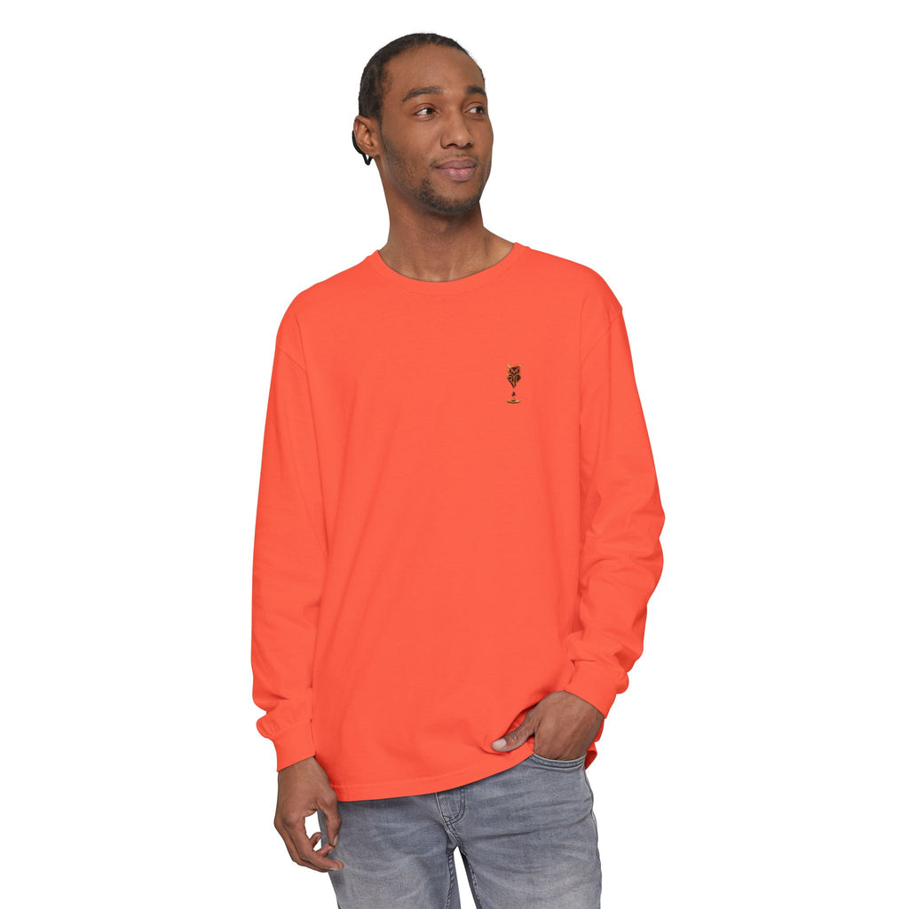 Rare Lab Drip Owl long sleeve tee: Rare Lab owl in glossy amber with an espresso drop, on the left chest