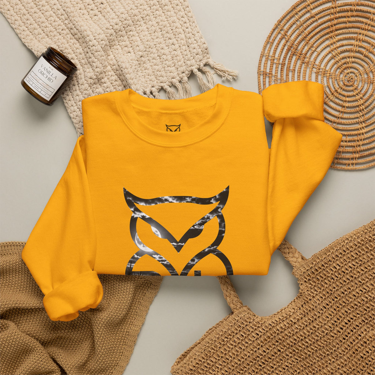 Rare Lab Midnight Owl crewneck in White: large night-sky owl on the front, C10 truck under a full moon on the back
