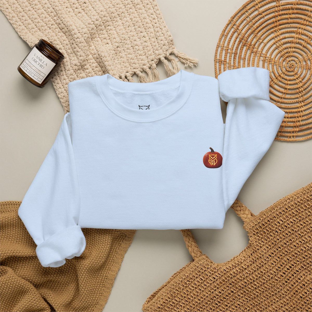 Rare Lab After Dark crewneck sweatshirt: small glowing Rare Lab owl jack-o'-lantern on the chest, C10 truck with owl jack-o'-lantern headlights on the back