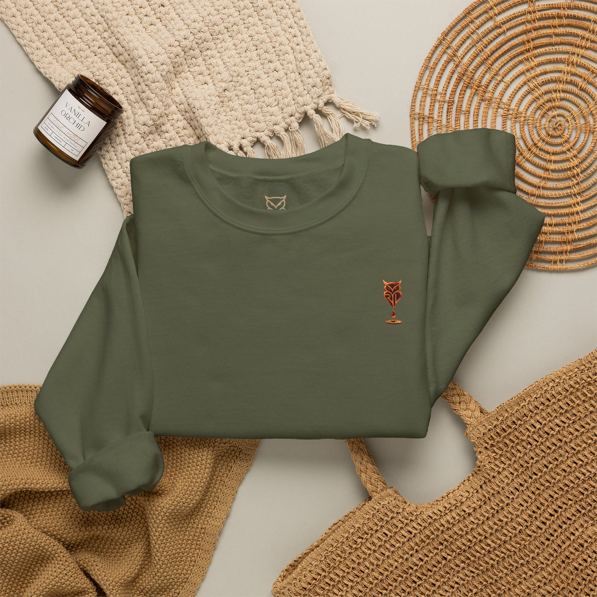 Rare Lab Drip Owl crewneck: Rare Lab owl in glossy amber with an espresso drop, on the left chest