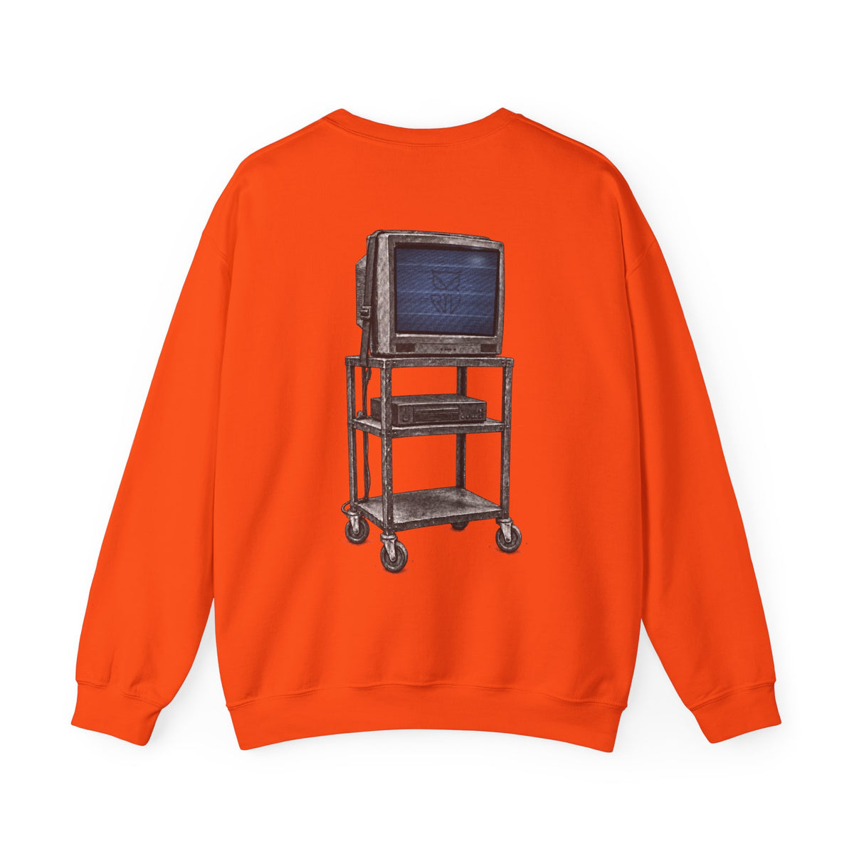 Rare Lab Retro TV Cart crewneck: small owl logo on the chest, faded TV on a rolling cart on the back