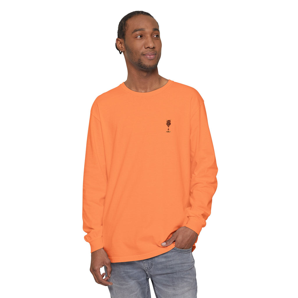 Rare Lab Drip Owl long sleeve tee: Rare Lab owl in glossy amber with an espresso drop, on the left chest
