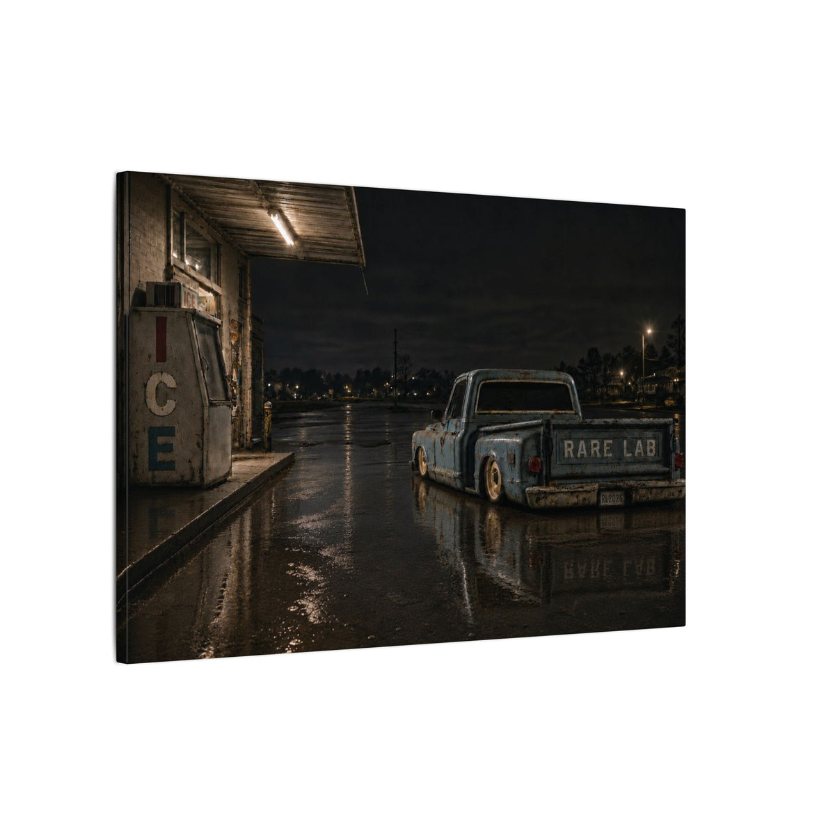 Rare Lab Ice Box canvas: a weathered blue pickup at a rain-slicked, late-night gas stop