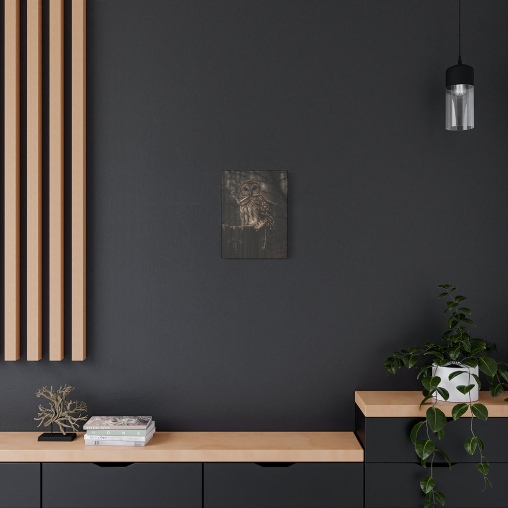Rare Lab Smoke & Stillness matte canvas: a barred owl on a weathered post with a thin trail of smoke against the dark