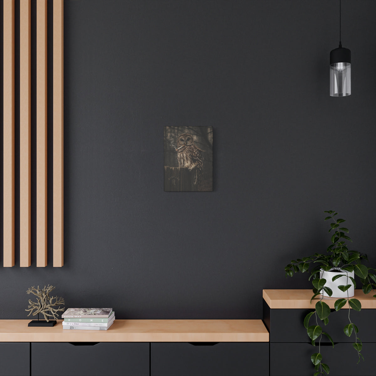 Rare Lab Smoke & Stillness matte canvas: a barred owl on a weathered post with a thin trail of smoke against the dark