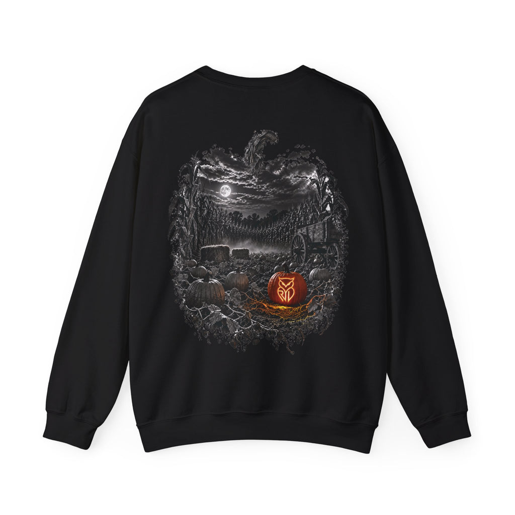 Rare Lab Owl Lantern crewneck sweatshirt: glowing Rare Lab owl jack-o'-lantern on the front, moonlit pumpkin patch scene on the back