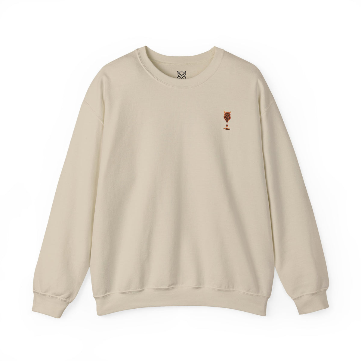 Rare Lab Drip Owl crewneck: Rare Lab owl in glossy amber with an espresso drop, on the left chest
