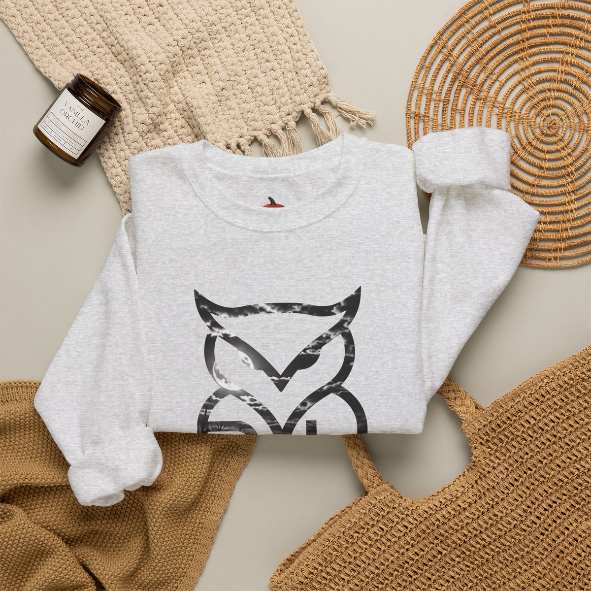 Rare Lab Owl Lantern crewneck sweatshirt: glowing Rare Lab owl jack-o'-lantern on the front, moonlit pumpkin patch scene on the back