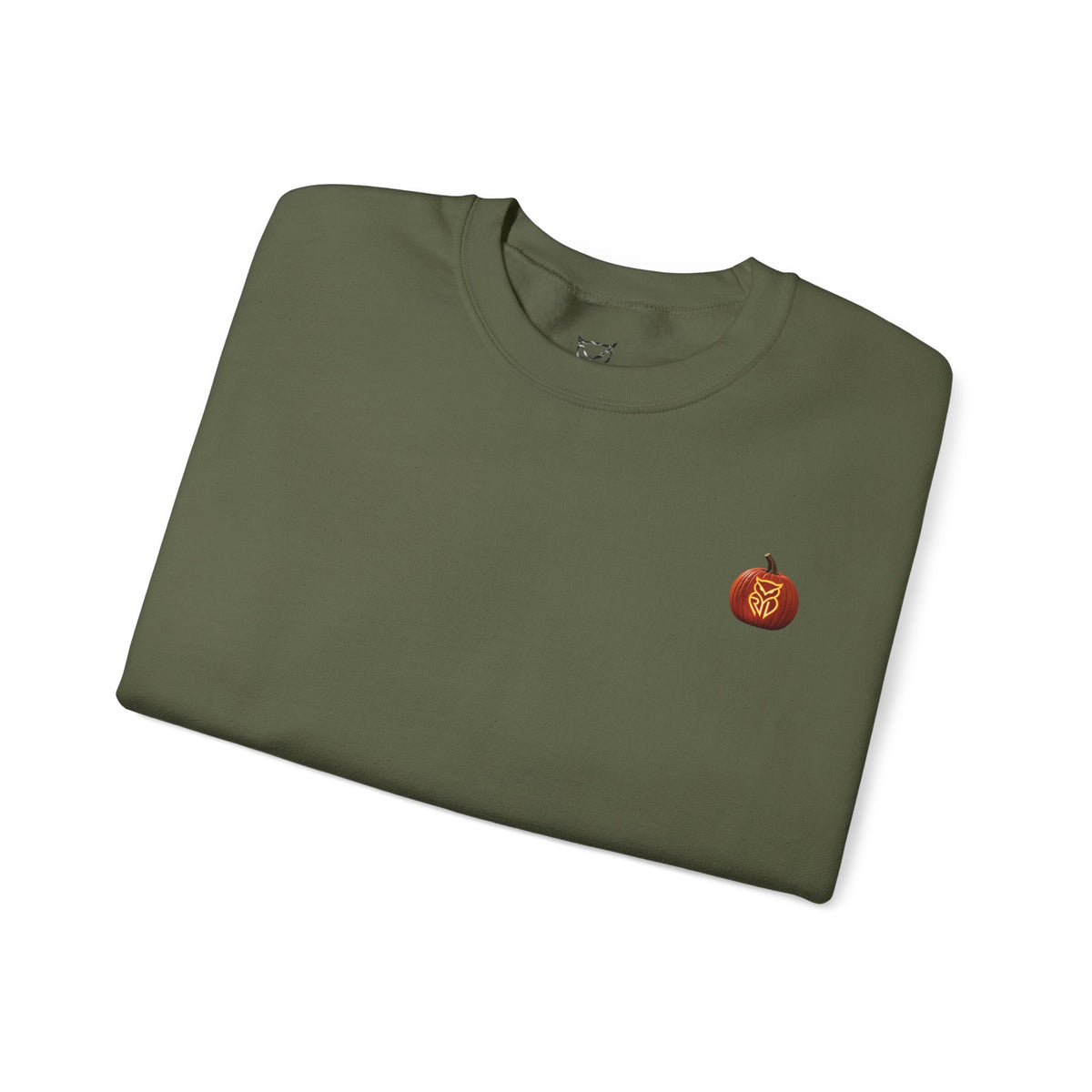 Rare Lab After Dark crewneck sweatshirt: small glowing Rare Lab owl jack-o'-lantern on the chest, C10 truck with owl jack-o'-lantern headlights on the back