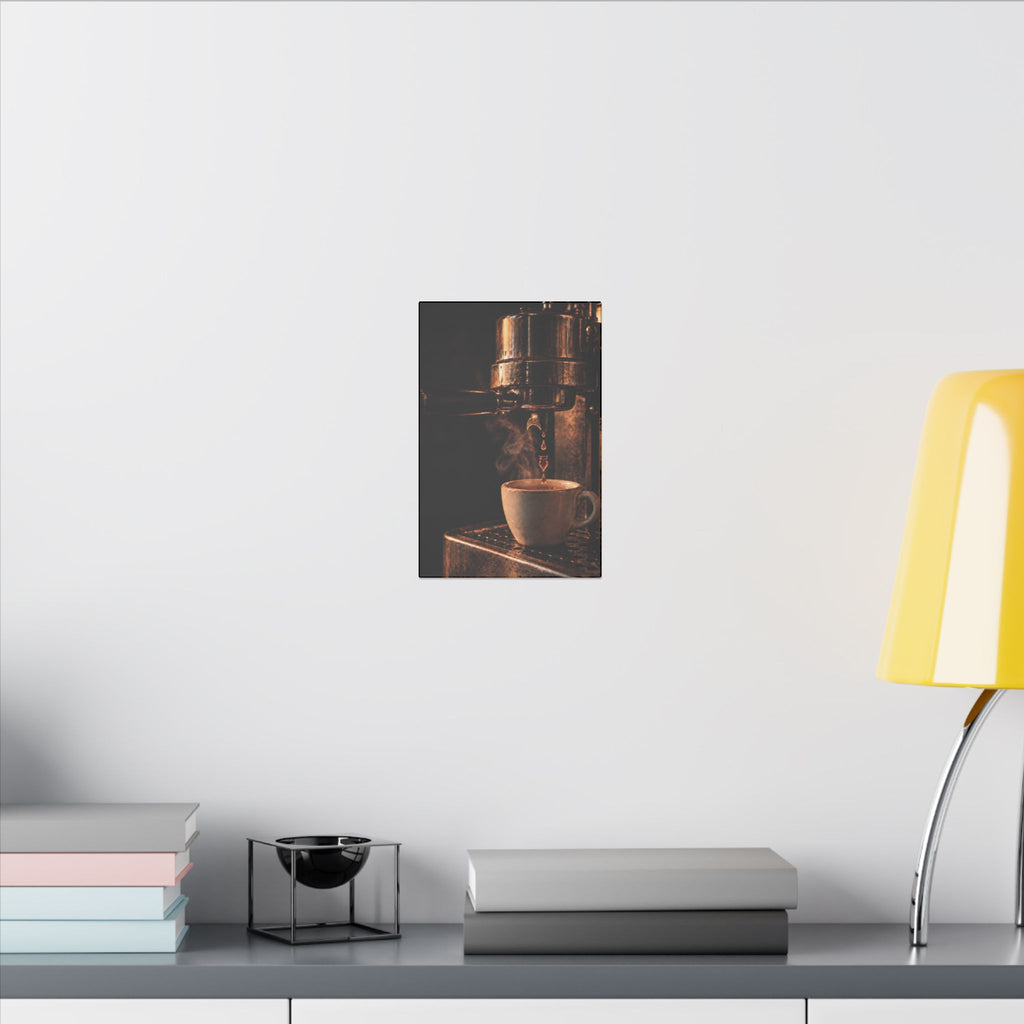 Rare Lab Drip espresso machine canvas: a slow espresso pour and a steaming cup in warm amber tones