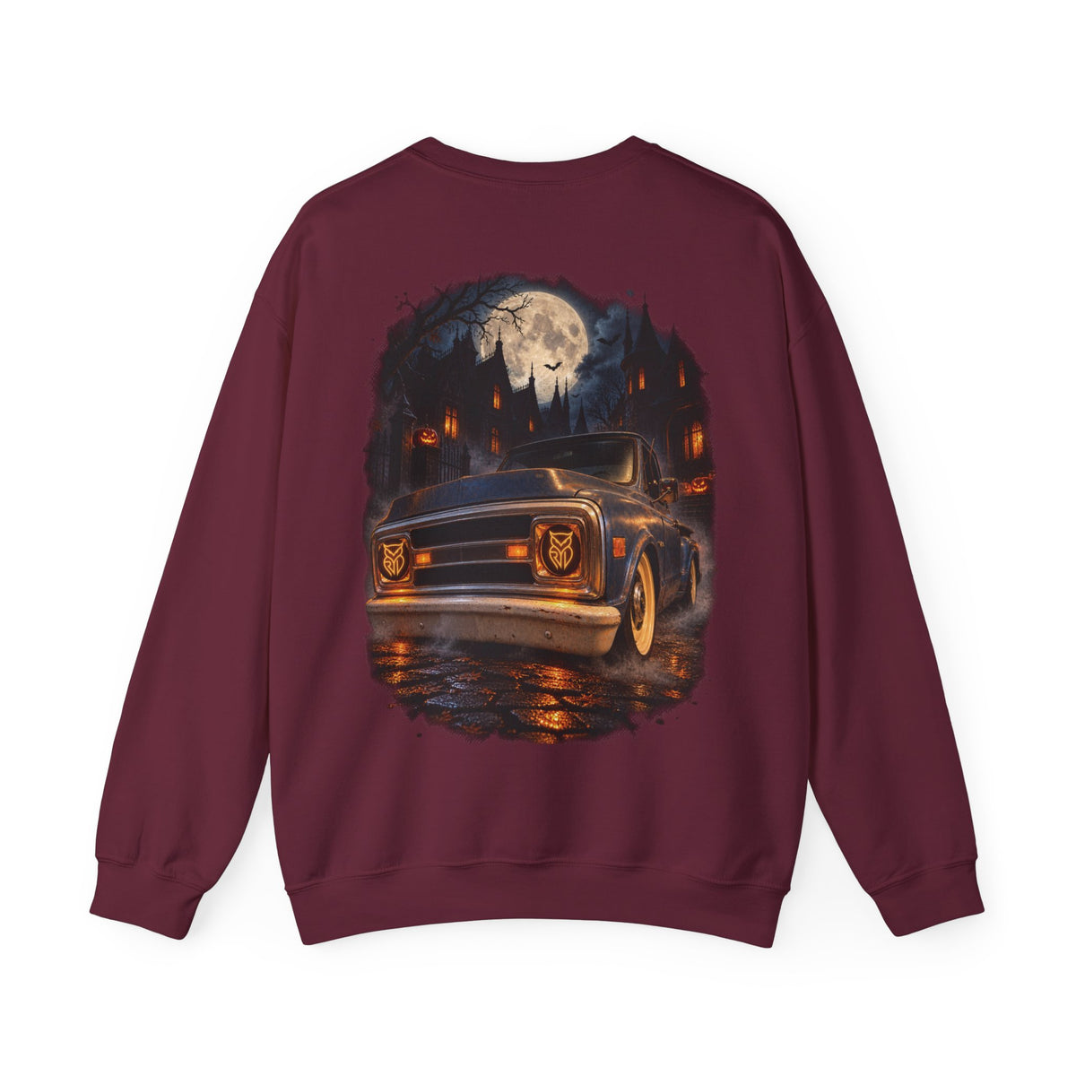 Rare Lab After Dark crewneck sweatshirt: small glowing Rare Lab owl jack-o'-lantern on the chest, C10 truck with owl jack-o'-lantern headlights on the back