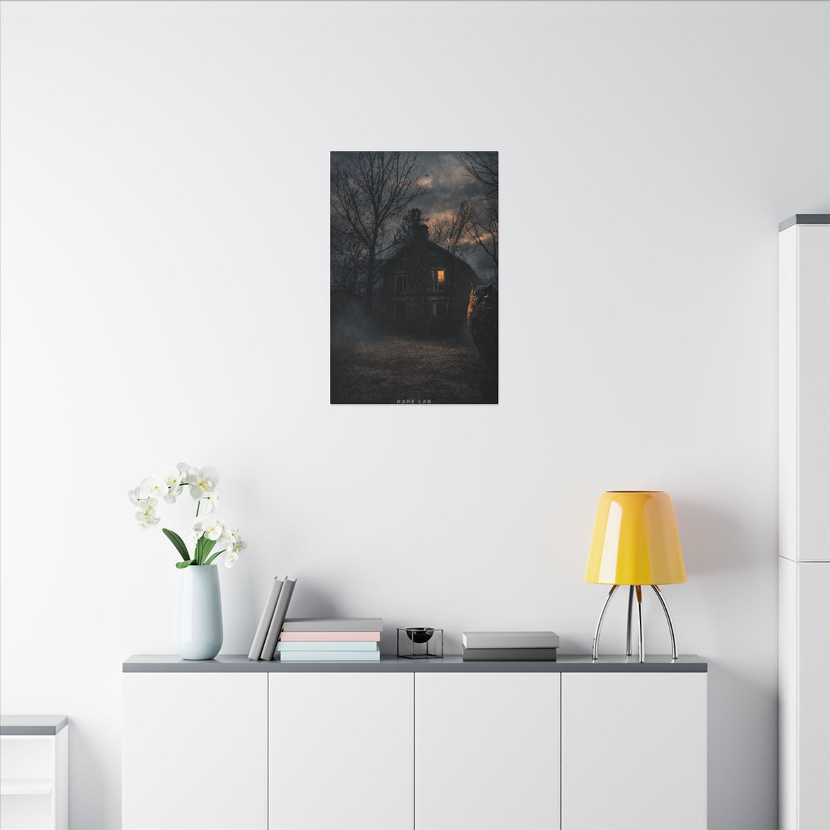 Rare Lab Night Watch canvas: a dark house with one warm window, framed by bare trees at night