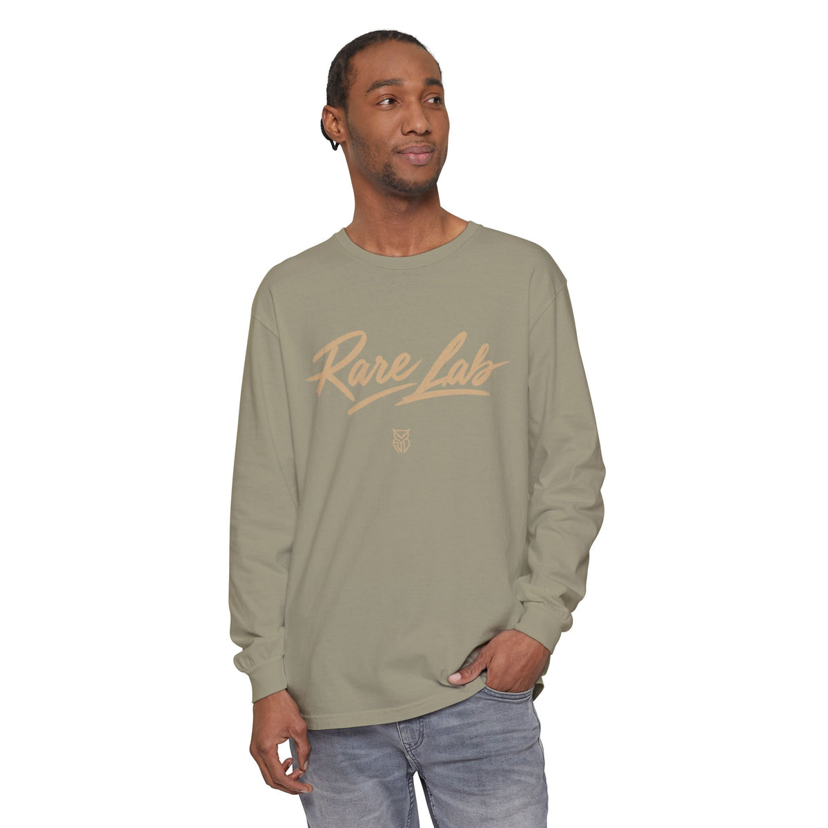 Rare Lab Script Logo garment-dyed long sleeve tee with the Rare Lab script logo