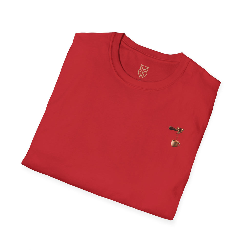 Rare Lab Espresso Drip tee: small Rare Lab Drip espresso design on the chest