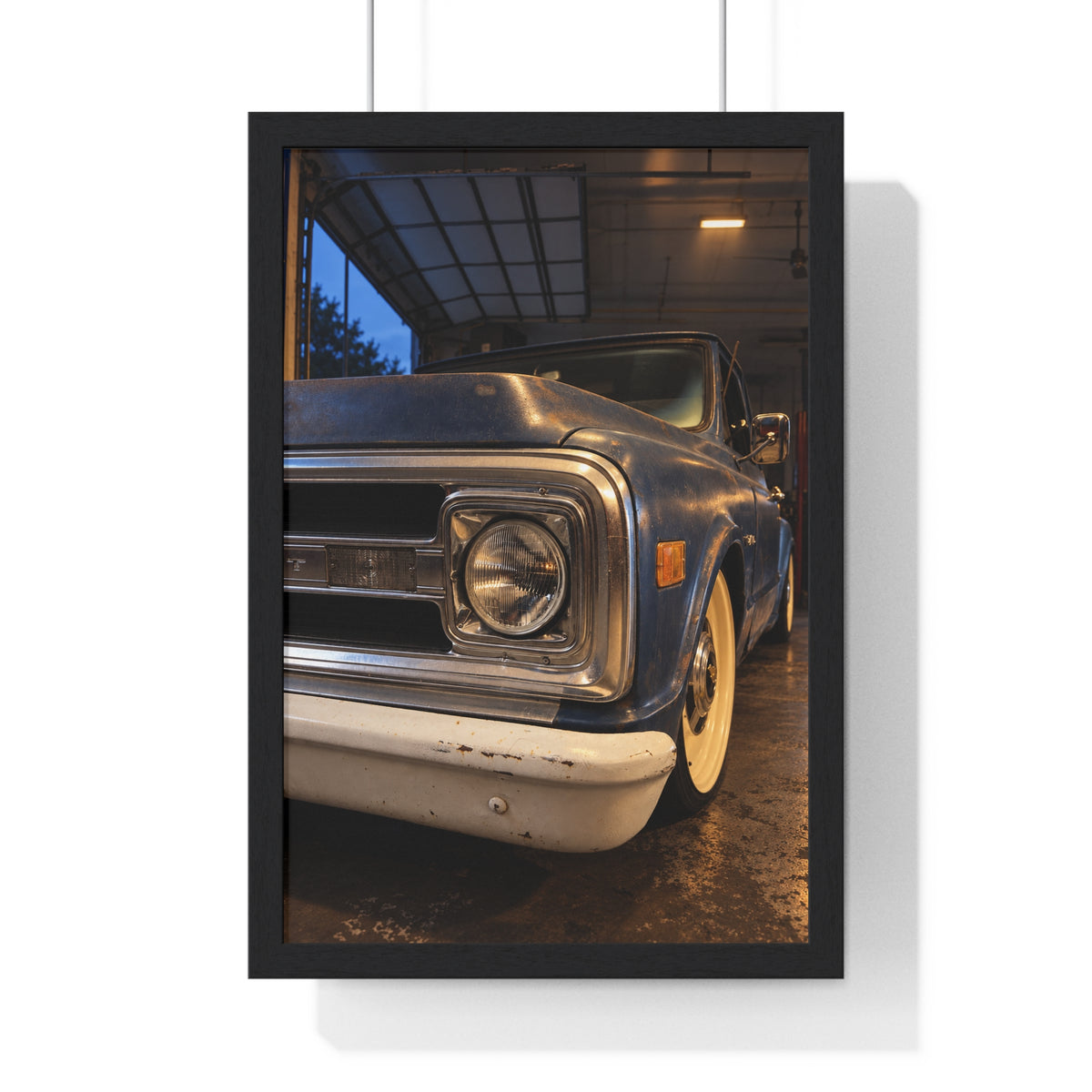 Rare Lab Vintage Blue Truck framed poster: close-up of a classic truck's headlight, bumper and whitewall tire