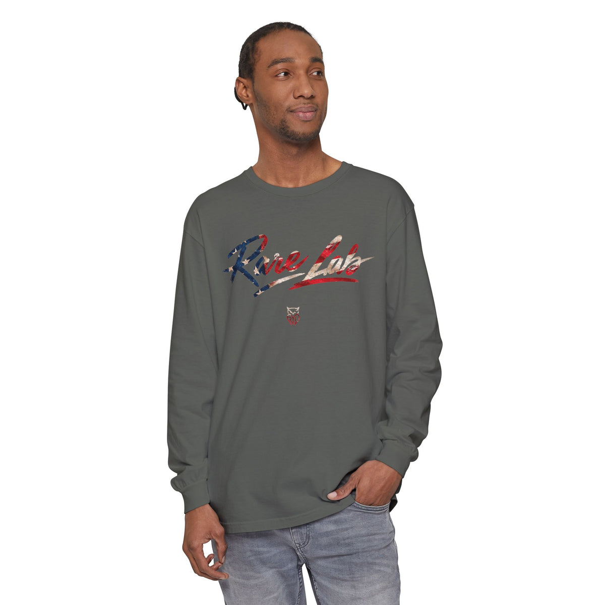 Rare Lab Brush Stroke American Flag long sleeve tee: brush stroke flag script across the chest